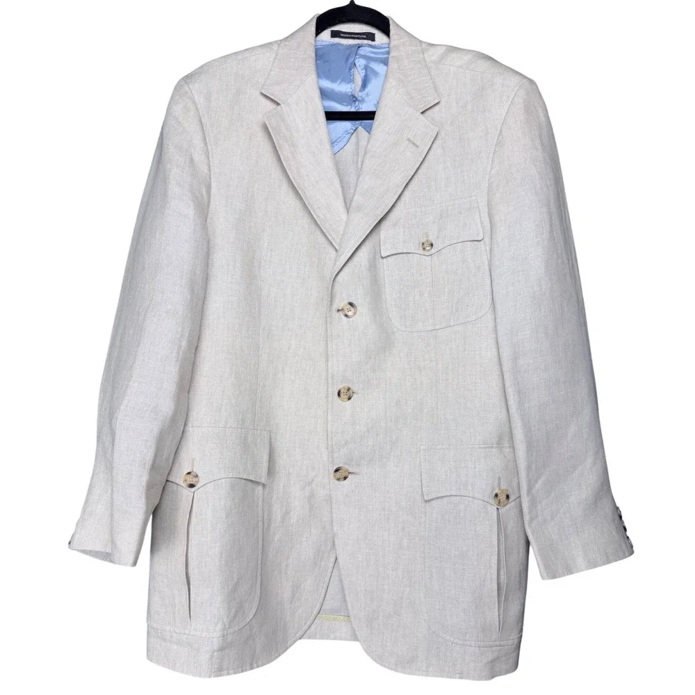 Bachrach Mens Beige 100% Linen Safari Blazer Jacket Portugal Size M/L